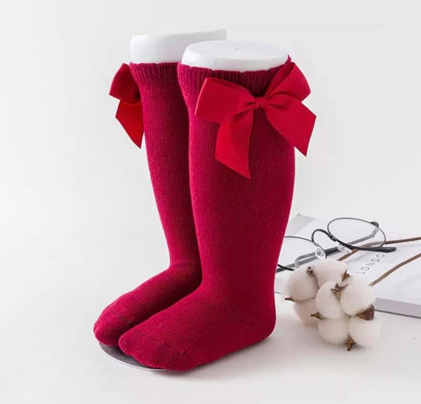 Side Bow Knee-High Socks, Burgundy