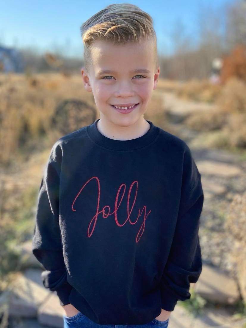 Kids Jolly Classic Crewneck Sweater in Red Glitter