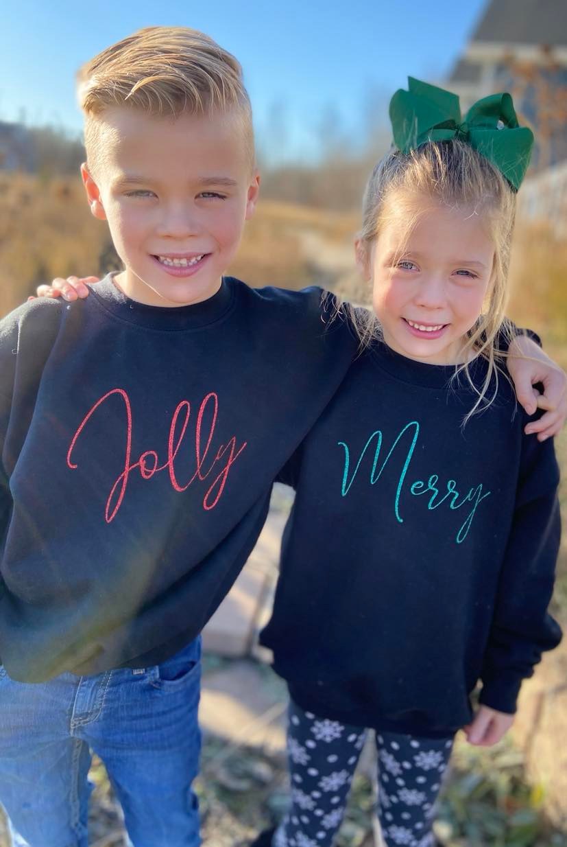 Kids Jolly Classic Crewneck Sweater in Red Glitter
