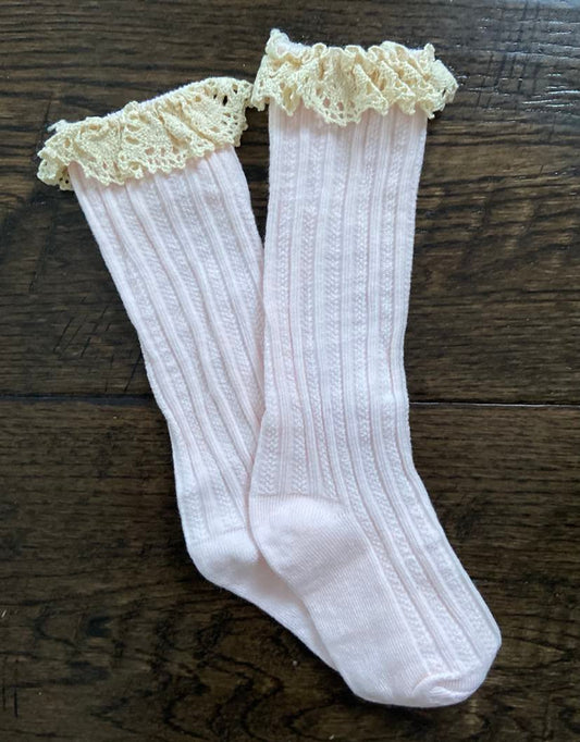 Lace Ruffle Knee High, Antique Pink