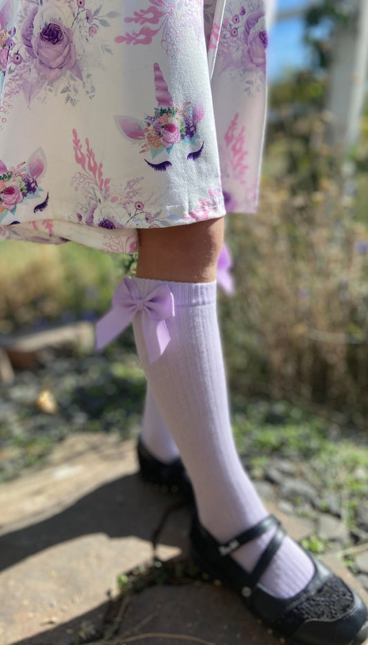 Side Bow Knee High Socks, Lilac