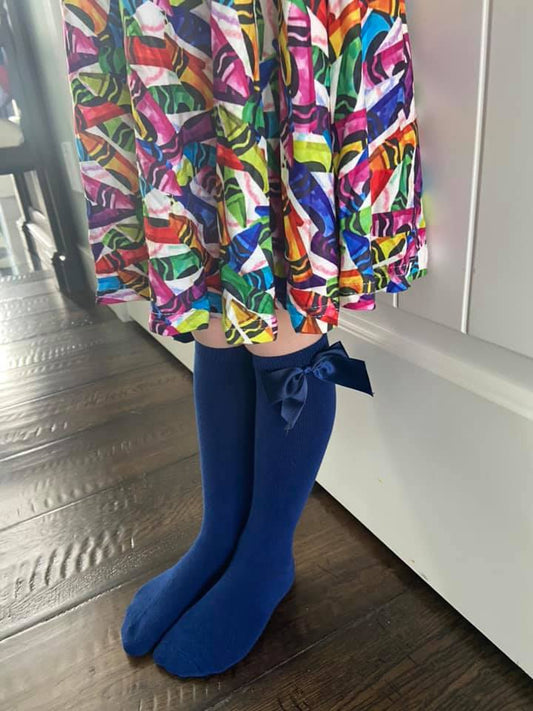 Side Bow Knee-High Socks, Dark Blue